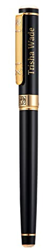 Wikult Personalized Picasso 902 Fountain Pen Medium Nib Customized Pen Gift with Small Pen Bag, Engraved with Your Name (Black Gold Trim)