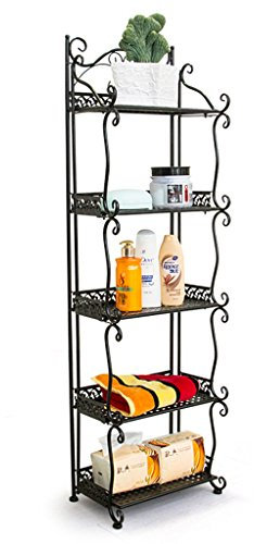 Scaffale da Bagno in Ferro battuto Lavabo da Bagno a Pavimento Lavabo WC Scaffale portaoggetti (Nero a Cinque Piani)