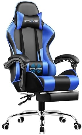 GTPLAYER Gaming Chair, Massage Ergonomic Computer Chair with Footrest and Lumbar Support Height Adjustable with 360°-Swivel Seat and Headrest for Office Blue