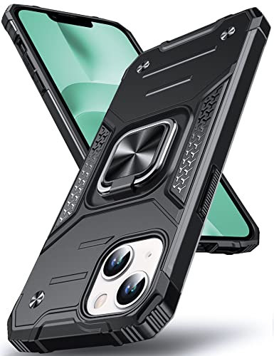 DASFOND Designed for iPhone 14 Case, Military Grade Shockproof Protective Phone Case Cover with Enhanced Metal Ring Kickstand [Support Magnet Mount] for iPhone 14 6.1 inch, Black