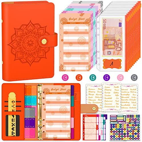Aocii Budget Planner Deutsch Budget Binder A6 - Budgetplaner Finanzplaner, Haushaltsbuch mit Geldfächer, Budget Planner Deutsche Beschriftung, Cash Stuffing Deutsch, Geld organizer (Koralle Orange)