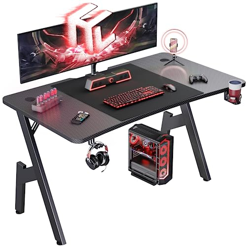 HLONONE Gaming Schreibtisch 140 x 60 cm, Gaming Tisch, Stabiler PC Schreibtisch mit Kohlefaserbeschichtung, Ergonomischer Computertisch mit Kopfhörerhaken und Getränkehalter, Schwarz