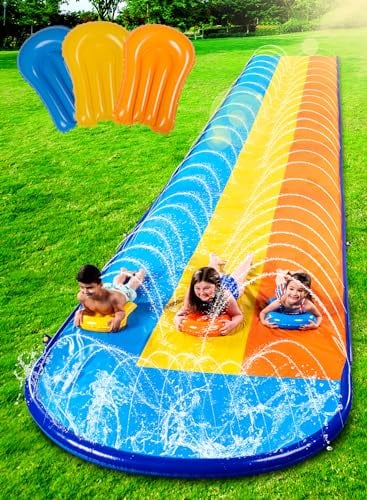 Sloosh 18ft/548cm Toboggan Triple avec 3 bodyboards, Toboggan Aquatique pour pelouse avec arroseur pour Enfants et Adultes, Jouet d'extérieur pour s'amuser en été