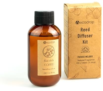 Ecodrop Vanilla & Coffee Oil Refill - 100ml Bottle | Large Strong Scented Vegan Aromatherapy Fragrance Oil Reed Diffuser Refill | Eliminate Office & Home Kitchen, Bedroom & Bathroom Odours