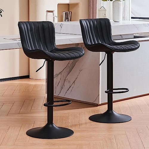Kidol & Shellder Bar Stools Set of 2 Swivel Barstools Faux Leather Adjustable Soft Cushion High Backrest Counter Stools, Black, 3-5 Mins to Assemble, Loads 300lbs