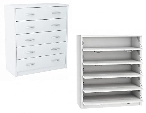 MATKAM Schuhschrank 5S in moderner Optik, B 74 x H 85 x T 35 cm, laminierte Möbelplatte 16 mm, mit Rückwand, 5 ausklappbare Schuhablagen, Jede mit Zwei Griffen zum Aufmachen (Weiß)