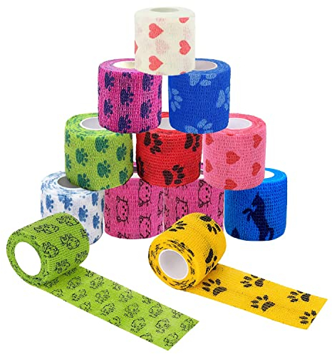 Selbstklebender Verband, 12 Stücke Bandage, 5 cm x 4.5 m Selbsthaftende Bandage, Verschiedene Muster Fixierbinde Selbsthaftend, Elastische Binde Geeignet für Handgelenke Knöchel Katzen Hunde