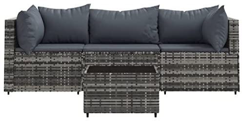 Hommdiy Gartenmöbel Couch-Set Ecksofa 4 TLG. Garten Lounge Set mit Kissen Grau Poly Rattan