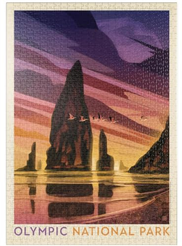 MyPuzzle Olympic National Park: Pelikan-Sonnenuntergang, Vintage Poster - Premium 1000 Teile Puzzle - MyPuzzle Sonderkollektion von Anderson Design Group