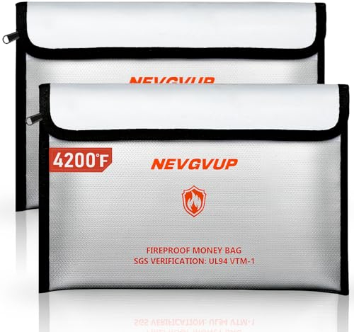 NEVGVUP Feuerfeste Dokumententasche 24,9 x 16,5 cm, kleine feuerfeste Tasche mit reflektierendem Streifen und wasserdichtem Reißverschluss