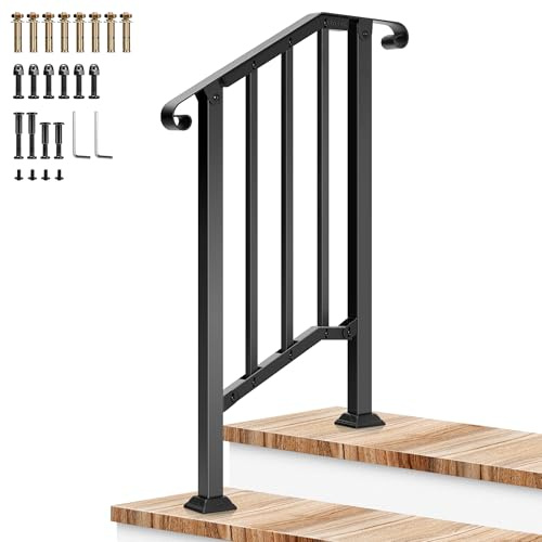 VIVOSUN Pasamanos para exteriores, pasamanos de escalera de 2 escalones, 26 x 36 pulgadas, se adapta a 1 a 2 escalones, barandilla de escalera de hierro forjado mate con extremos curvados y balaustres