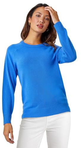 Roman Originals Soft Jumper for Women UK Ladies Winter Autumn Sweater Knit Knitwear Round Crew Neck Top Plain Lightweight Comfy Long Sleeve Split Hem Everyday Daywear - Blue - Size 12