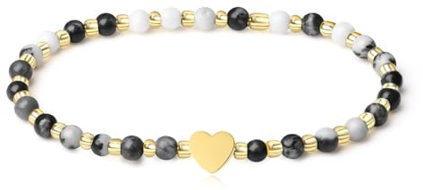MetJakt Handgemachter Naturstein Perlenarmband 4MM Mini Stretch Armband Energiearmbänder 18k vergoldet Herz Armbänder für Damen Damenschmuck Echtes (Schwarz Weißer Zebra Jaspis)