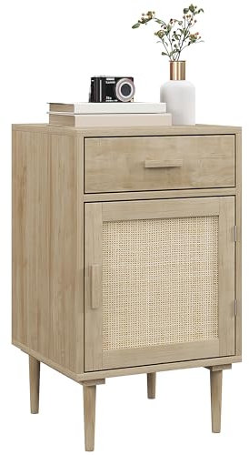 HOMCOM Table de Chevet Table d'appoint avec Placard et étagère Porte rotin tissé + 1 tiroir Design bohème - 40 x 40 x 68,5 cm Naturel