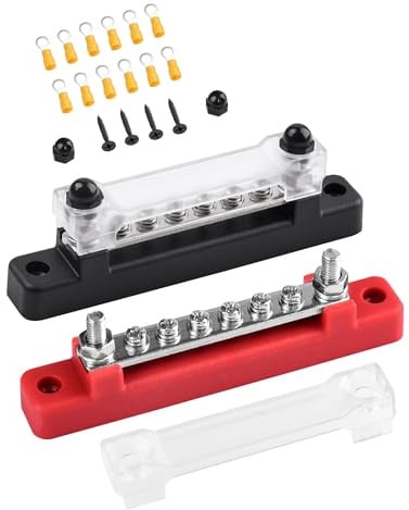LAOYE Sammelschiene 12V-48V DC 150A Busbar Sammelschienen Verteilerblock 12v Stromverteilungsblock mit Cover 6x M4 Klemmenbolzen 12v Verteiler für Auto RVLKW Rot Schwarz 2 Stück