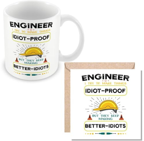 MUGGZ Mug & Card Gift for Engineer - I Try to Make Things Idiot Proof - Giftset - Made in The UK