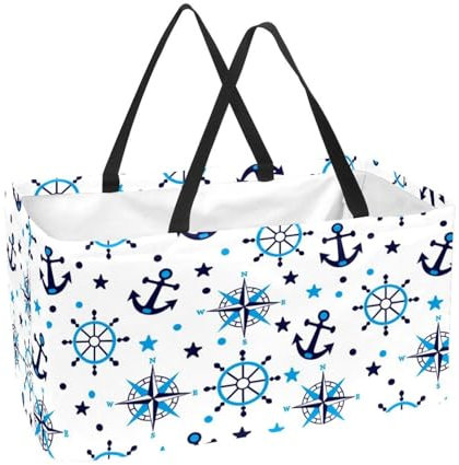 Einkaufskorb, Meer- und Anker-Motiv, wiederverwendbar, Einkaufstasche, Wäschekorb, tragbar, Picknick, Einkaufstasche