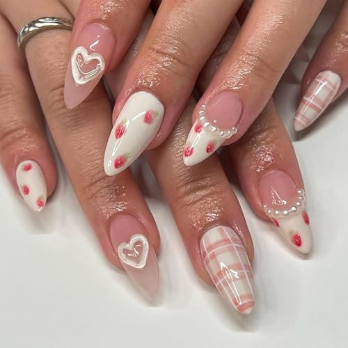 Aikeis Lot de 24 comprimés de nail art à la fraise française Daifuku Love - Pour femme - Presse pointue - Ongles blancs laiteux brillants avec couverture complète
