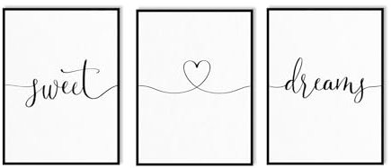 Sweet Dreams Wanddekoration über dem Bett: 3-teiliges modernes Bauernhaus-Schlafzimmer-Kunst-Set, minimalistische schwarz-weiße gerahmte Schilder, rustikale Landhaus-Wandkunst für Hauptschlafzimmer