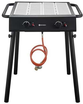 HENDI Xantos Gasgrill, mit 2 Brennern, Gasschlauch, Druckregler, abnehmbaren Beinen, 2 leicht zu reinigenden Rosten, windfest, für Gasflaschengas (Propan), 770x710x(H)870mm, Edelstahl