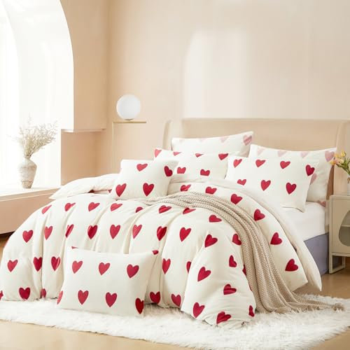 Covebett Flanell Bettwäsche 135x200 4teilig Weiß mit Rot Herzen Winter Warm Plüsch Biber Winterbettwäsche Cashmere Touch Coral Fleece Flauschig 2 Bettbezug und 2 Kissenbezug 80x80 Reißverschluss