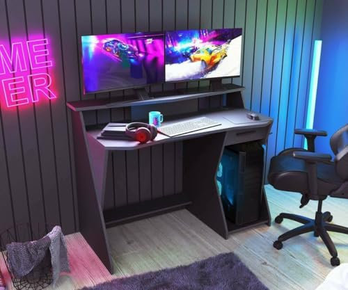 Scrivania Aisne, Scrittoio da Gaming, Tavolo per Ufficio Porta PC, Piano di Lavoro, 124x60 h90 cm, Grigio Scuro e Nero