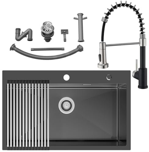 Auralum Fregadero Negro 75x45cm con Escurreplatos + Grifo Cocina Negro con Ducha de 2 Modos de Rociado