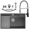 Auralum Fregadero Negro 75x45cm con Escurreplatos + Grifo Cocina Negro con Ducha de 2 Modos de Rociado