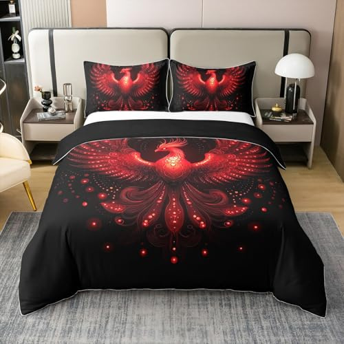 100% Baumwolle Red Phoenix Bettbezug 155x220,Magische Wilde Tier Bettwäsche Set,Geometrische Mystische Vogel Bettbezug,Orientalische Exotische Wildlife Bettbezug Weich Atmungsaktiv,Wendebar