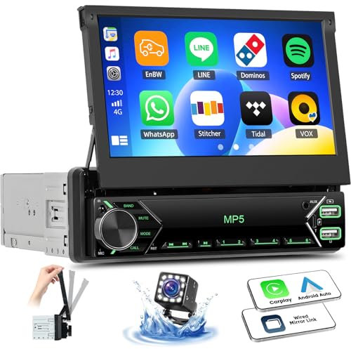 OiLiehu Autoradio 1 Din avec CarPlay Android Auto sans Fil, 7 Manuellement Rétractable Écran Lecteur MP5 Tactile Radio avec Bluetooth, FM, Lien Miroir, SWC, EQ, Type-C/USB, AUX, Caméra Arrière