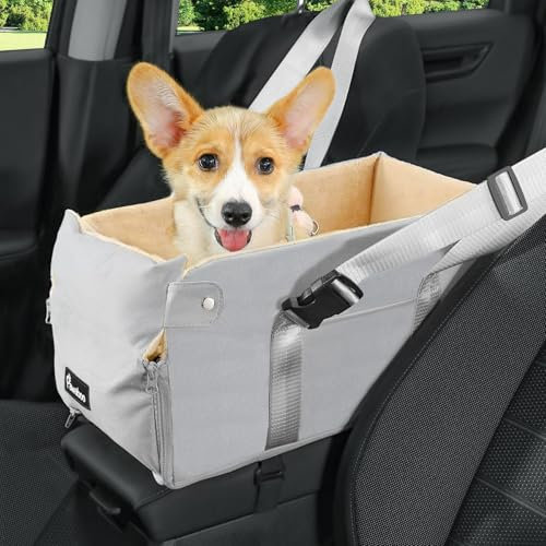 Pawaboo Hunde Autositz für kleine Hunde, Mittelkonsolen-Hundesitzerhöhung, Verdicktes Hundeautositz mit Weichem Plüsch, Hundbett mit Befestigung und Sicherheitsleine, bis zu 15lbs, Grau + Beige