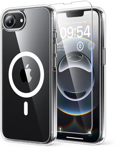 TAURI für iPhone 16e Hülle 6,1 mit Panzer Schutz Glas Folie, Kompatibel mit MagSafe, Schutz nach Militärstandard, [Anti-Vergilbung] Stoßfest Magnetisch Handyhülle - Durchsichtig