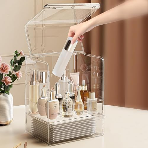 GUDEMAY Acrylic Make Up Organiser with Lid, Cosmetic Storage Box for Dressing Table and Bathroom, Perfume & Skincare Display, Makeup Storage with Drawers for Lipsticks (Classic)