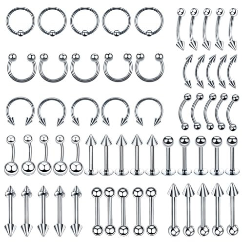 Uwiyo 60 Stück Körperpiercing Kit,16G Edelstahl Lippenpiercing Nasenpiercing Augenbrauenpiercing Zungenpiercing Nippelpiercing Bauchnabelring Ohr Tragus Helix Piercing Schmuck Unisex (Silber-1.2*8mm)