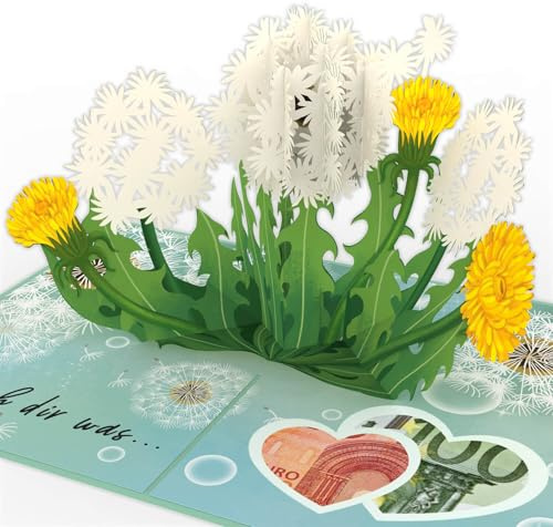 papercrush Pop-Up Karte Pusteblumen-Wunscherfüller, 3D Einschulungskarte | Gutscheinkarte für Geldgeschenk zum Schulanfang, Geldkarte für Geburtstag & Hochzeitsgeschenk für Brautpaar (Flitterwochen)