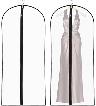 2 Pack Dress Bags Covers Long, 55in PEVA Garment Bags Suit Bags, Black Edge | Waterproof Dustproof Protection, Full Zip, Reusable, Translucent Design, For Dresses, Coats, Suits, Home or Travel