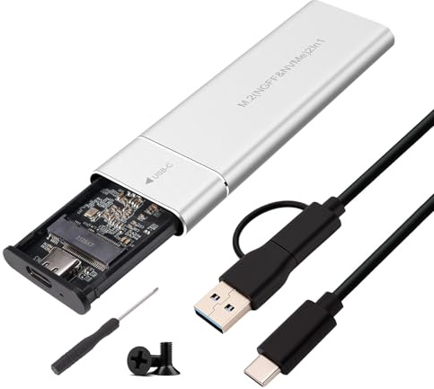 M.2 SSD Gehäuse 10 Gbps USB 3.2 Gen2, NVMe & SATA Dual Protokoll Festplattengehäuse, Werkzeugloses Aluminium Enclosure mit 2-in-1 Kabel für PCIe M-Key/M+B Key 2230/2242/2260/2280