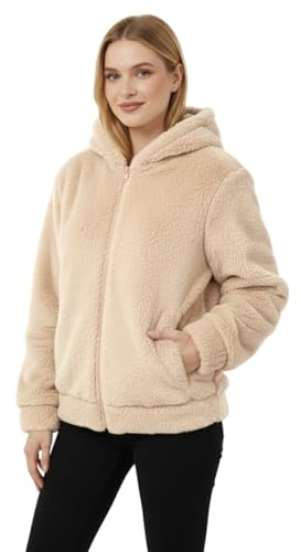 Karelpiù Damenjacke aus Kunstfell, Kurzfell, Full Zip mit Kapuze, Teddy, Winter, beige, S