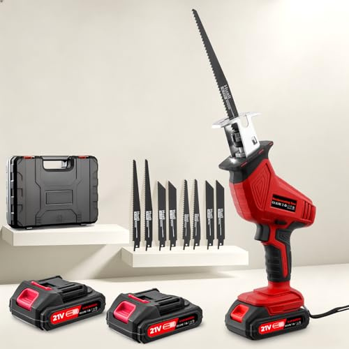 Yelyee Reciprocating Saw, 21V Cordless Electric with 0-4000 RPM & Variable Speed, 2x2000mAh Batteries + 8 Sawing Blades Included – for Wood, Plastic, Metal, PVC & Pipe Cutting