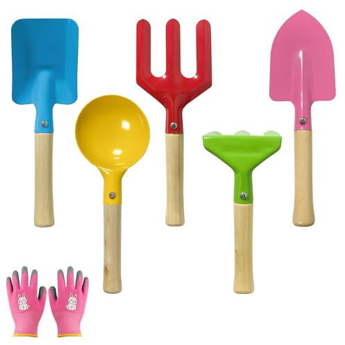 Jerhyun5 Pezzi Attrezzi Giardinaggio Set, Attrezzi Giardino Attrezzi Manuali da Giardino con Paletta, Rastrello Guanti Giardinaggio, per Piante in Vaso, Balconi, Cura delle Aiuole Rinvaso(Rosa)
