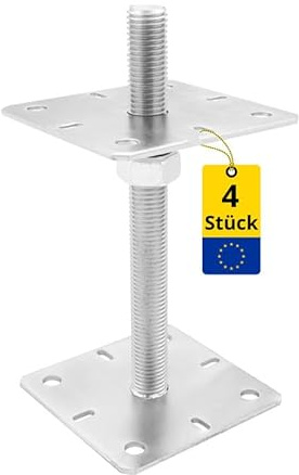 GRUNDLINE - Pfostenträger höhenverstellbar 50 bis 200 mm- 8er Set Pfostenträger aufschrauben - Stützenfuß - Pfostenanker - Aufschraubhülse - Anker - Gewindestange M24-250 mm - Ankerplatte 130x130x4 mm