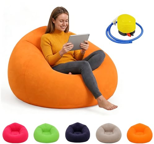 MeYuxg Aufblasbarer Sitzsack mit Einer Pumpe,Sessel Aufblasbar,Superweich Waschbar,Air Sofa Schlafzimmer Sitzsack,Tragbare Klappbare Camping Couch für Camping Garten Strand Innen-Außen (Orange)