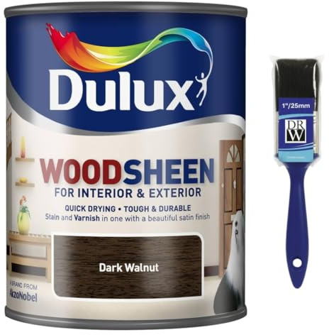 Woodsheen Stain and Varnish 750ml Dark Walnut +1 Brush | Interior Wood Stain and Varnish | Satin Finish for Doors Skirting Furniture and Trim | Quick Dry Wood Protection
