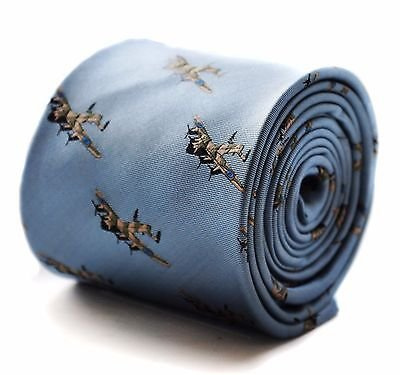 Frederick Thomas light blue tie with lancaster bomber pattern and signature floral design to rear