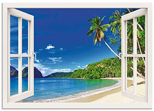 ARTland Wanddeko Wandbild Alu Verbundplatte für Innen & Outdoor Bild 100x70 cm Fensterblick Karibik Südsee Strand Meer Insel Palmen Meerblick S9IB