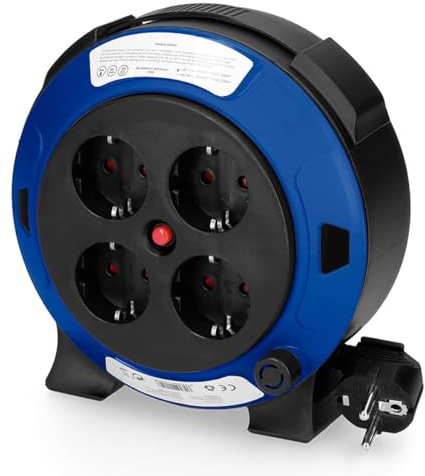 EDM® Kabeltrommel Haushalt 5m - Kabel 3x1mm mit 4 T/TL Steckdosen und Thermoschutz - Automatische Wandtrommel für Garten - Spannung 230V, Stromstärke 16A, Ø18x19cm