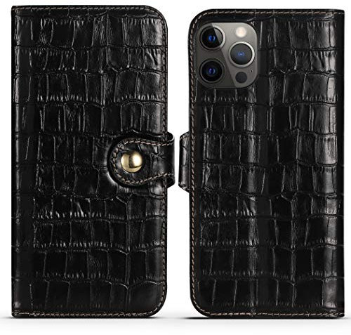 nincyee Genuine Leather Wallet Case for iPhone 12 Pro/iPhone 12,Classic Crocodile Pattern Real Leather Flip Stand Case Cover with Card Slot Black