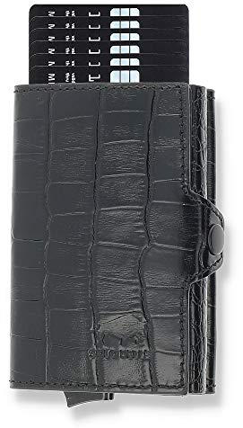 Solo Pelle Kartenetui | Kreditkartenetui | Leder Geldbörse Slim Wallet Portmonee | Geldbeutel mit RFID Schutz für bis zu 11 Karten Model: Mech (Kroko Schwarz mit Scheinfach + Münzfach)
