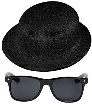 Alsino Melonenhut Glitzerhut Flacher Partyhut Glitzer Party mit Brille für Silvester JGA Fasching Karneval Kostüm Schwarz Unisex Erwachsene Einheitsgröße