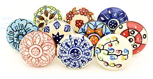 ETHNICITI 10 x Multicolour Flower Handpainted Round Ceramic Door Knobs Cupboard Drawers Cabinets Wardrobe Assorted Vintage Shabby Chic Kitchen Bedroom Living Furniture Dresser Pulls Handles - Design 2